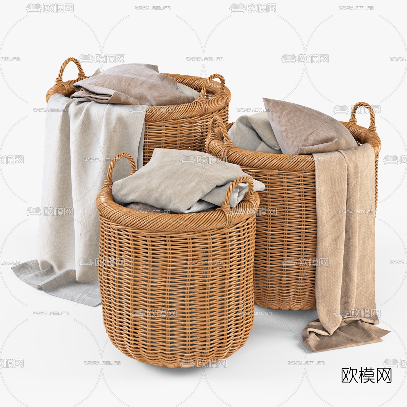 现代编织洗衣篮亚麻抱枕3d模型