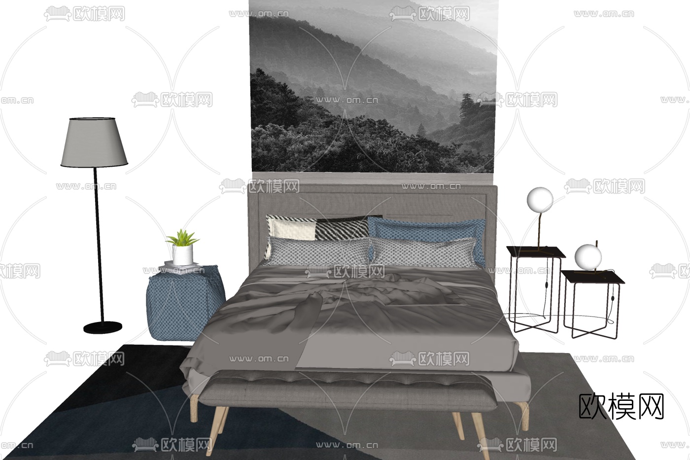 北欧布艺双人床su模型下载