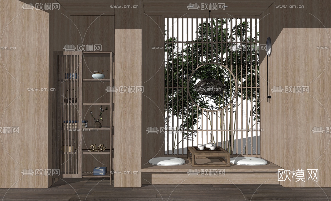 新中式榻榻米茶桌椅su模型下载（渲染图2）