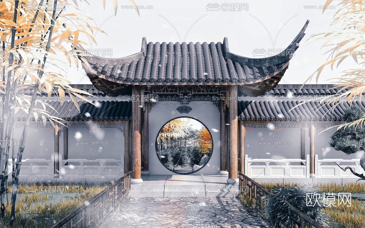 中式月洞门门面3d模型