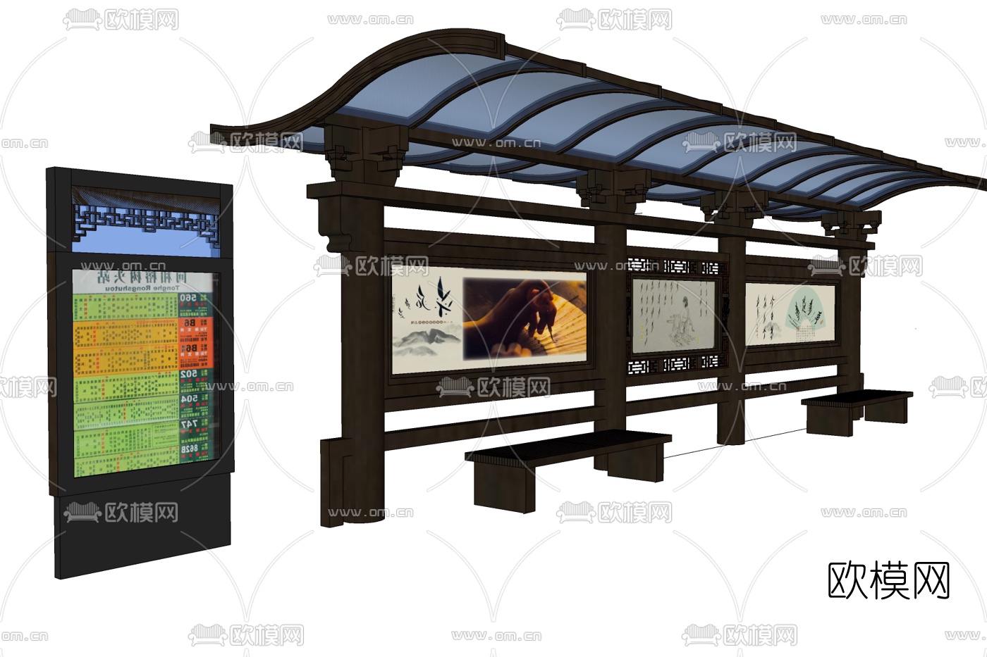 新中式公交站台免费su模型下载