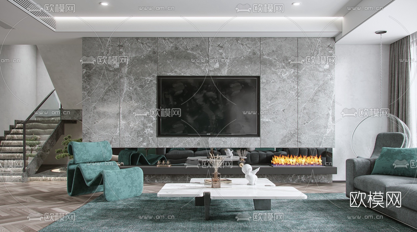 现代绿色轻奢复式客厅餐厅3d模型