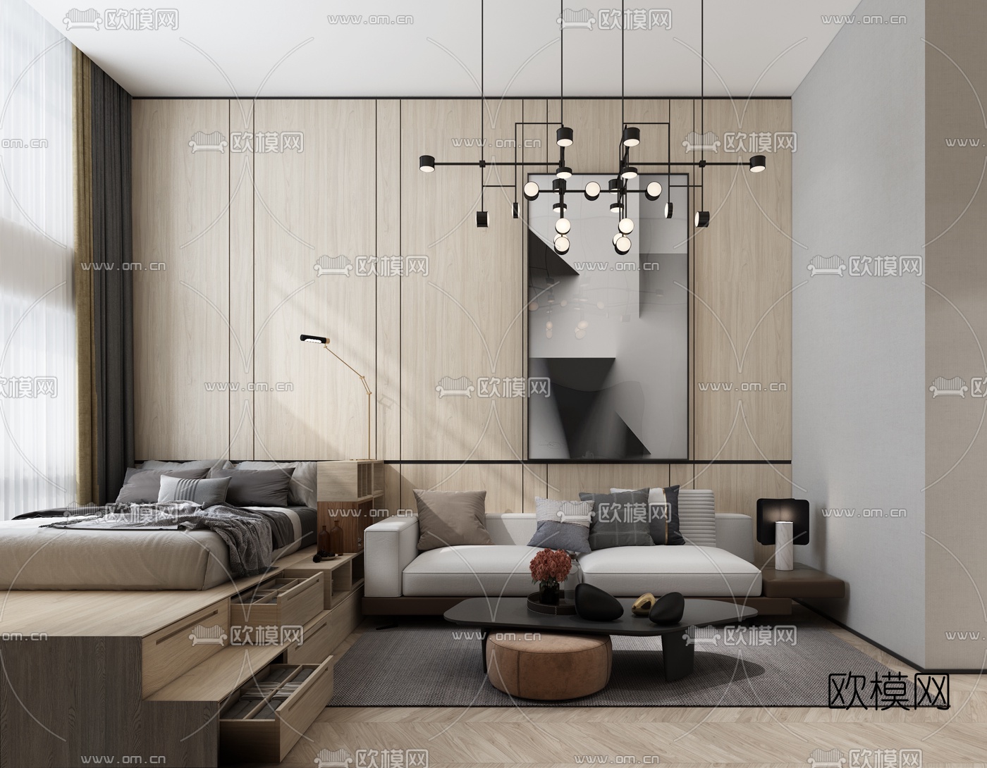 现代简约单身公寓3d模型下载（渲染图1）