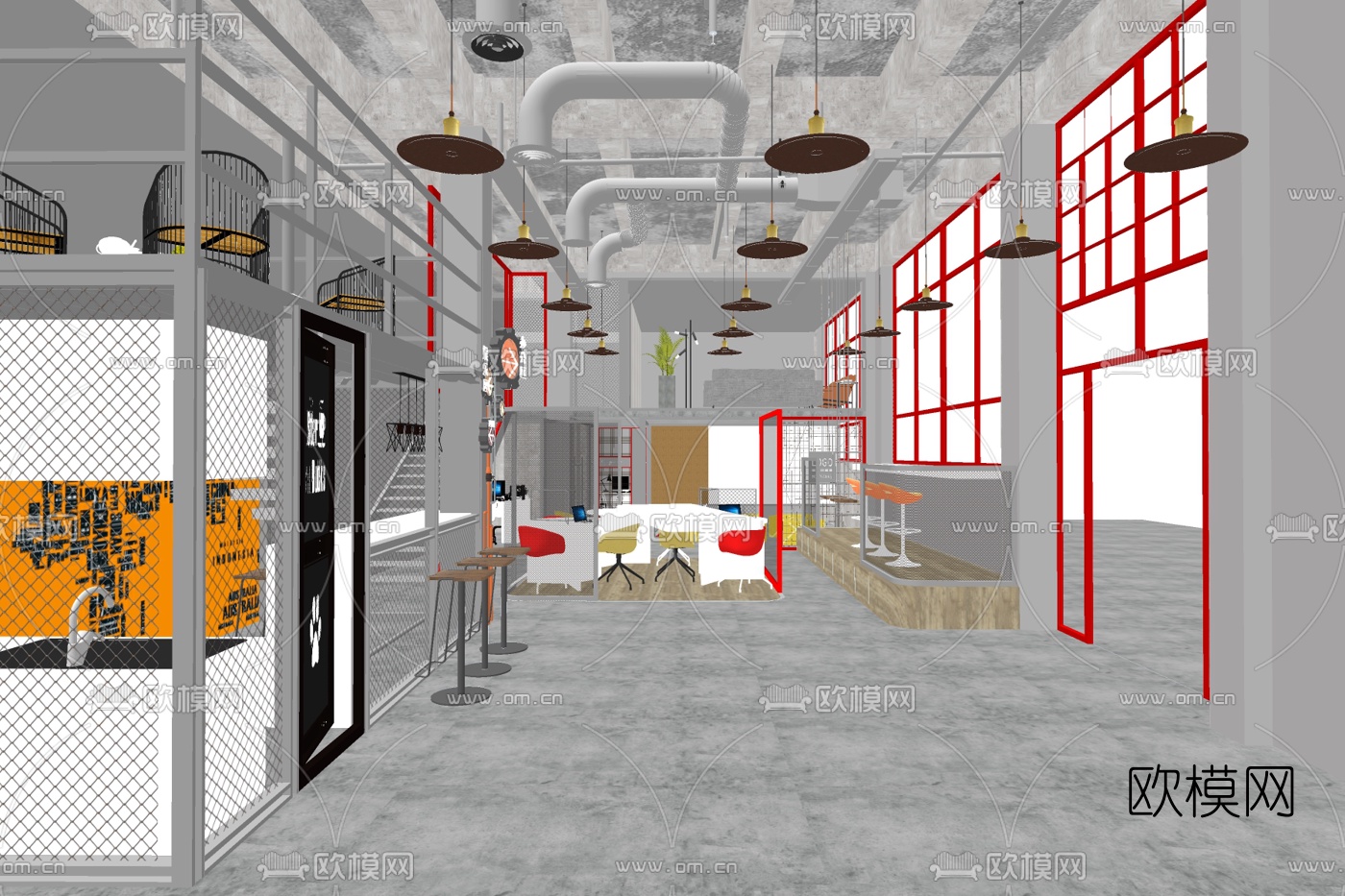 工业风办公空间su模型下载