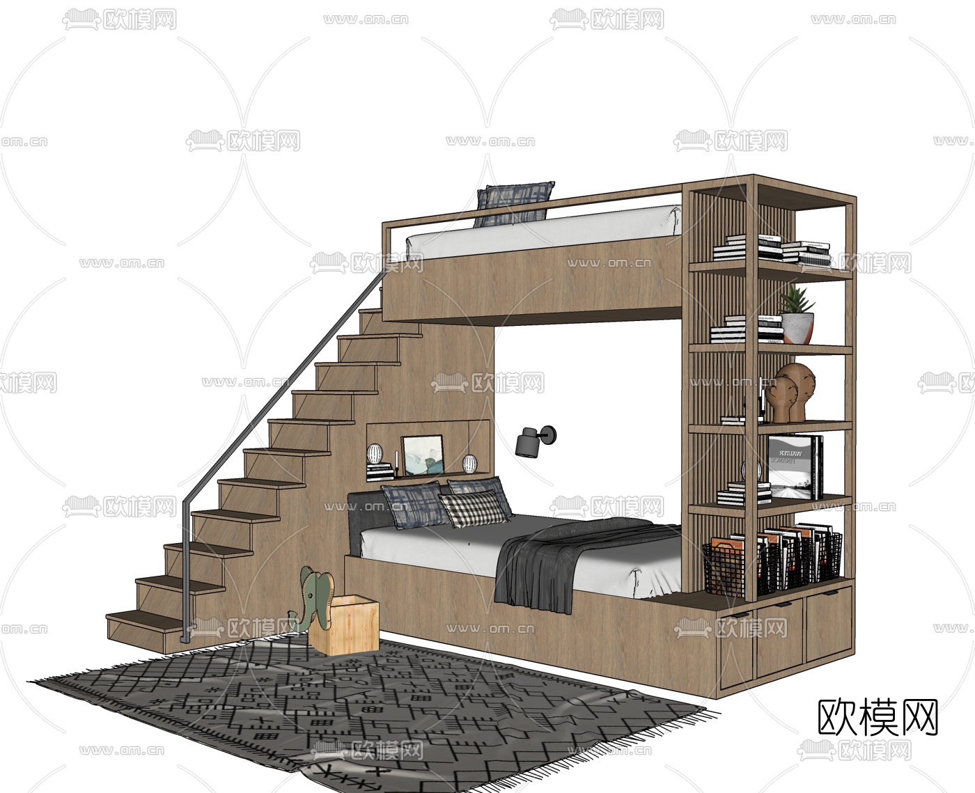 北欧上下铺儿童床su模型下载（渲染图2）