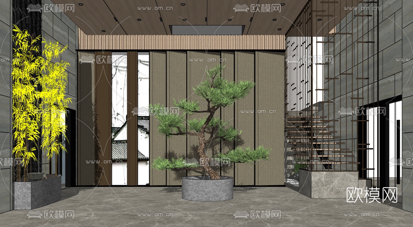 新中式酒店民宿大堂su模型下载