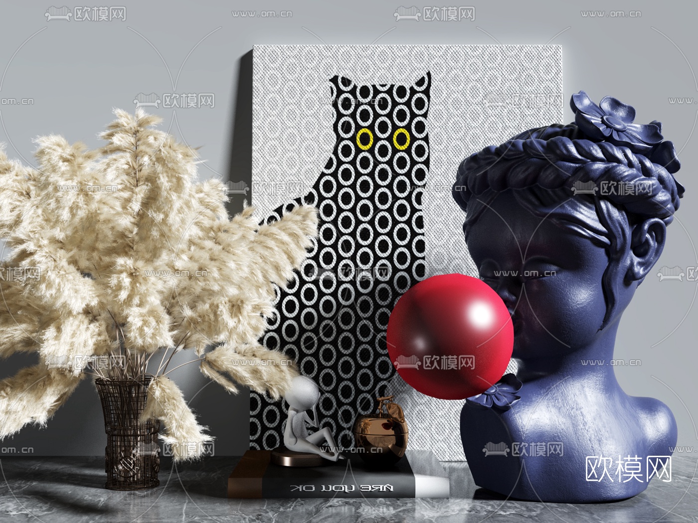 现代吹泡泡女孩雕塑干花摆件3d模型