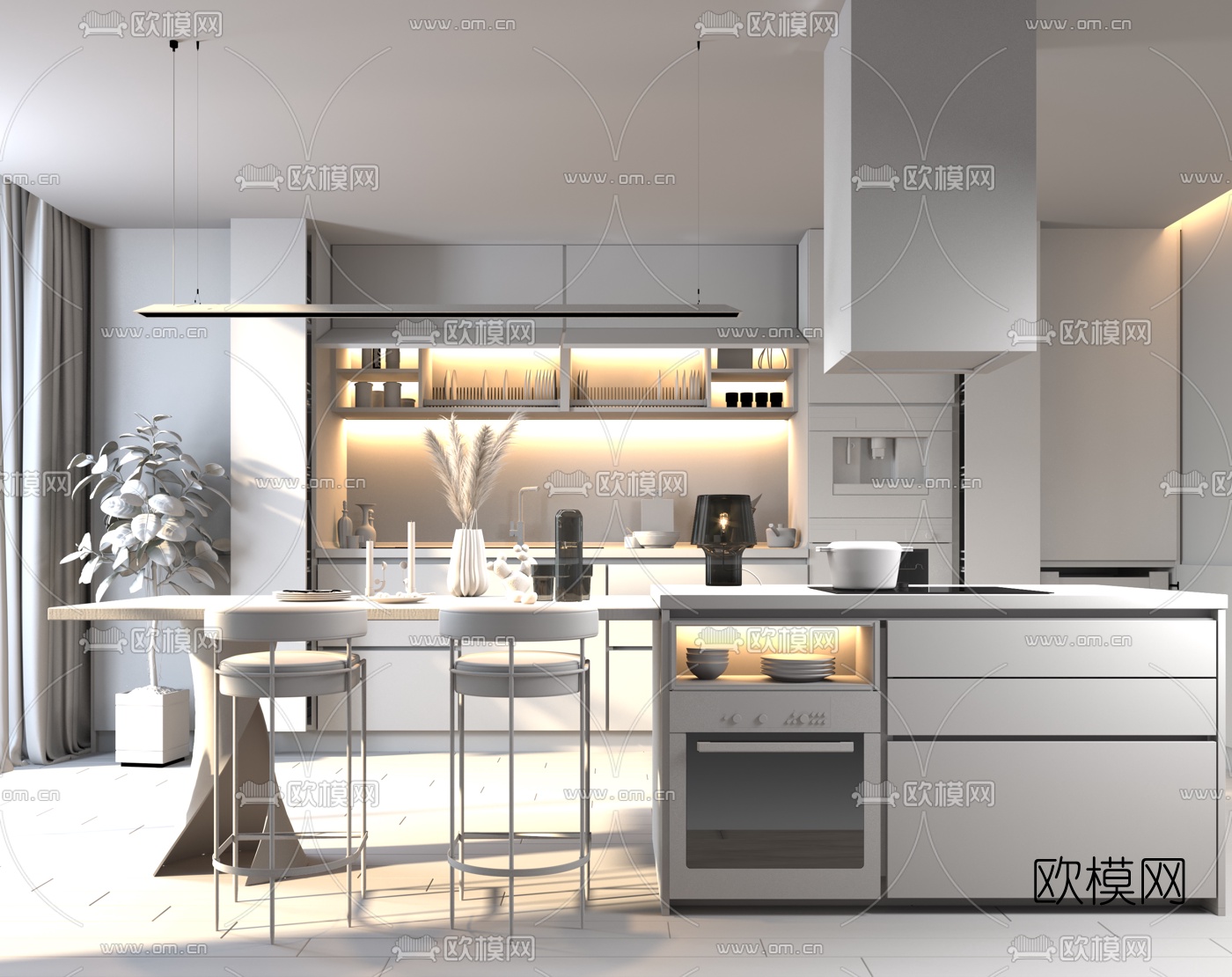 现代敞开式厨房吧台3d模型