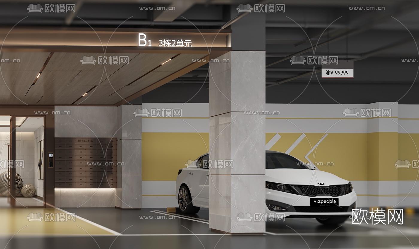 现代地下停车库入户电梯厅3d模型
