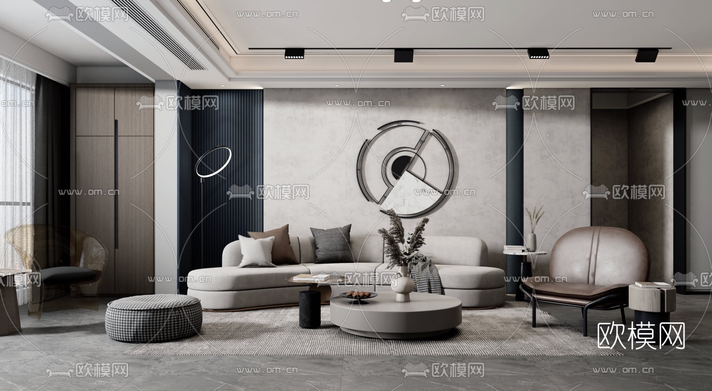 现代布艺组合沙发su模型下载（渲染图1）