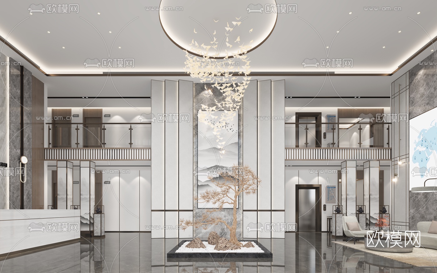 新中式轻奢公司大堂前台3d模型