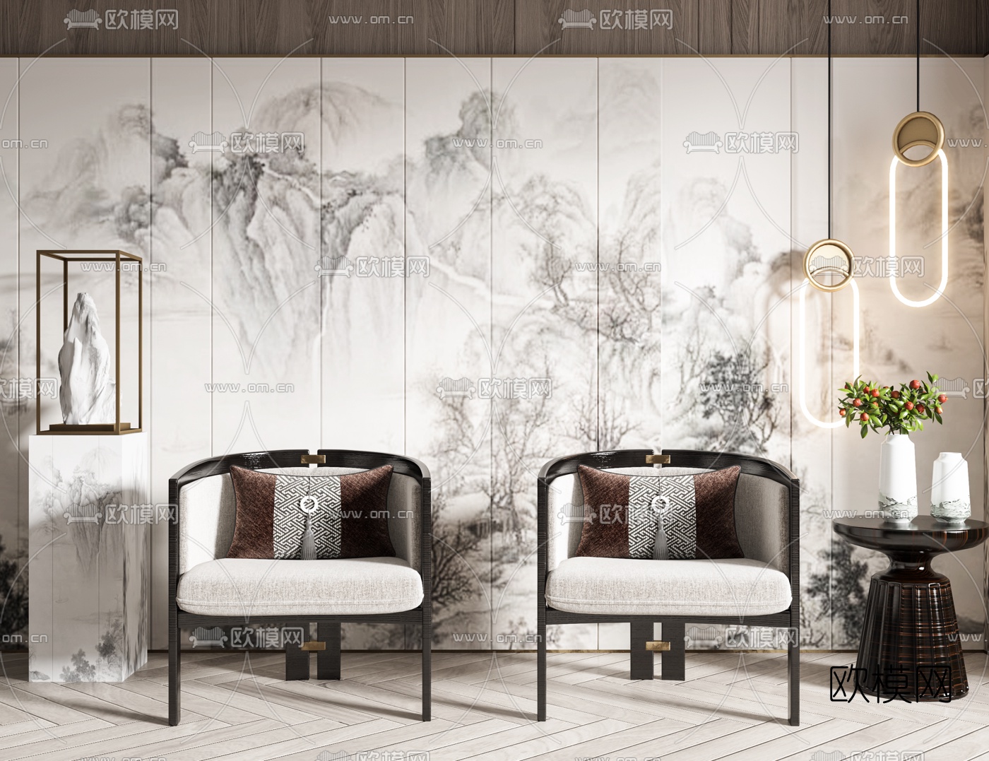 新中式布艺休闲椅边几3d模型下载