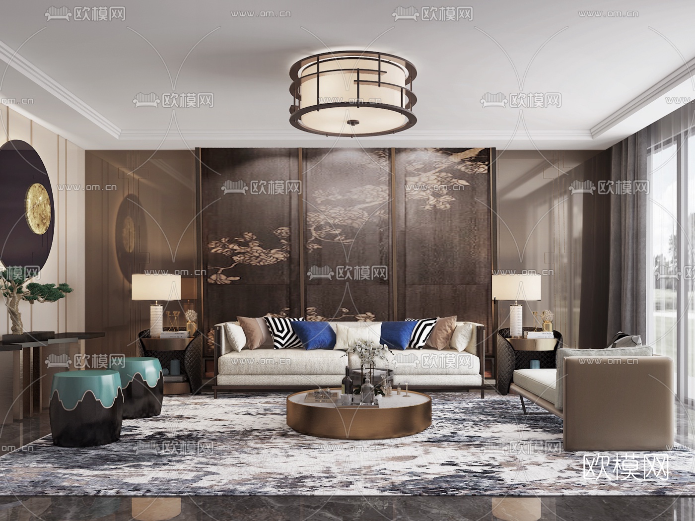 新中式布艺沙发组合3d模型-免费3dmax模型库-欧模网