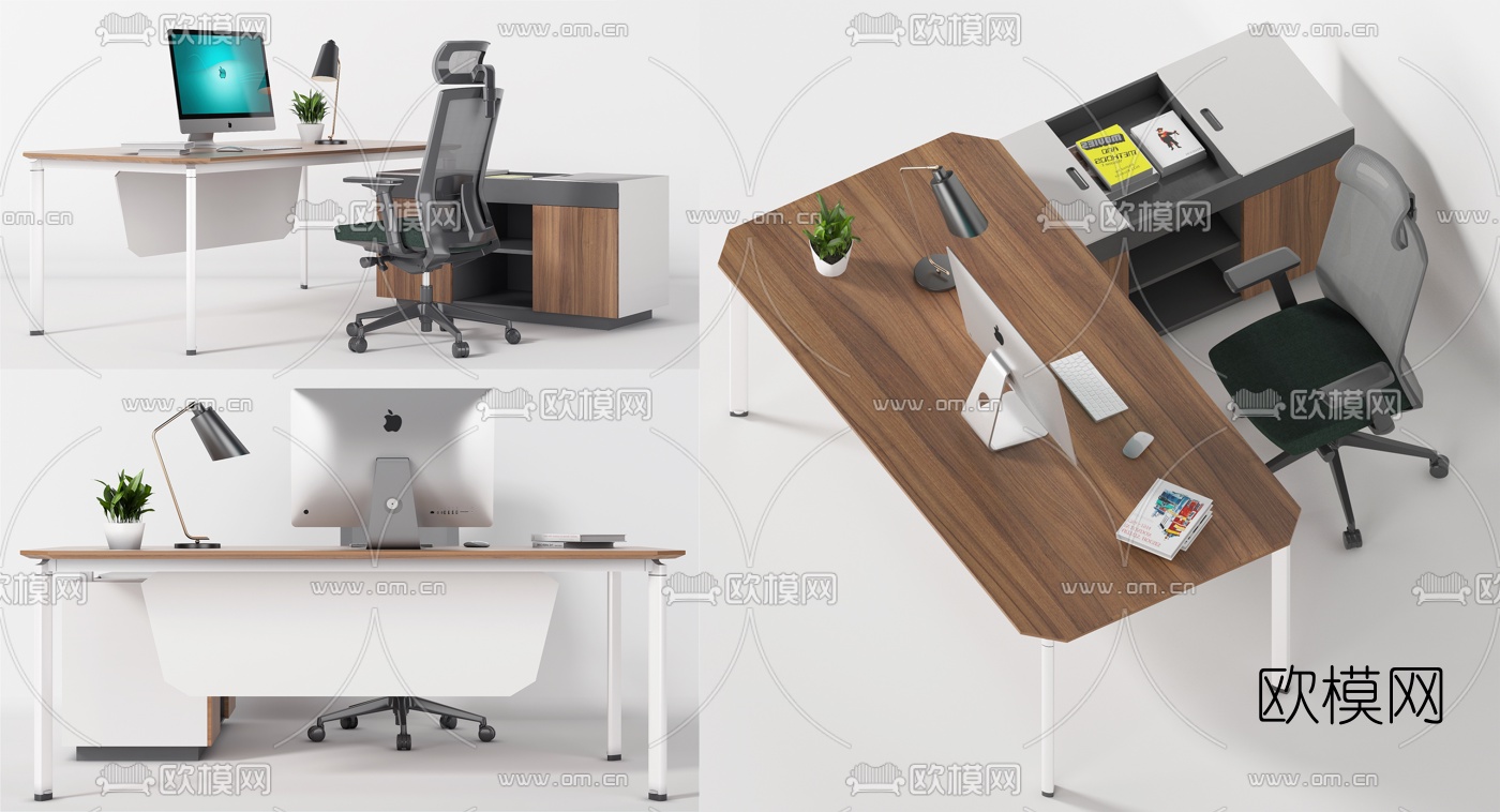 现代班台桌办公桌椅3d模型下载（渲染图2）