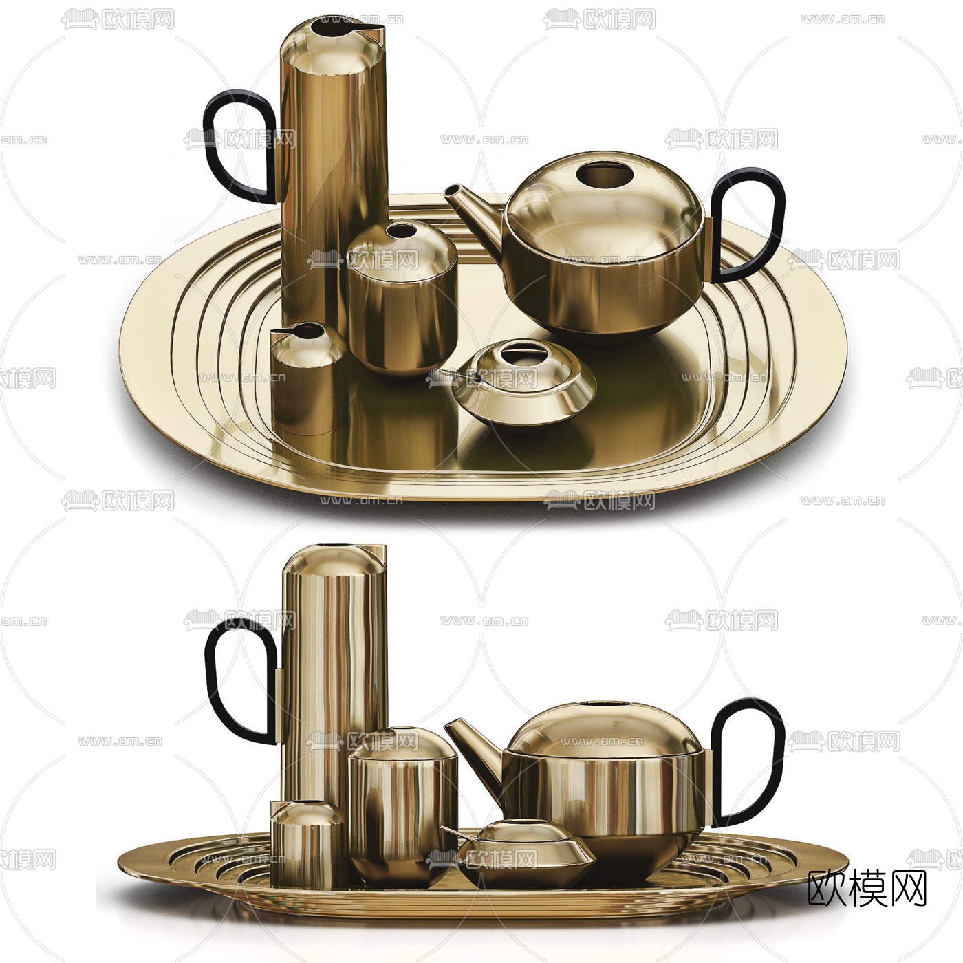 现代金属茶盘茶壶3d模型