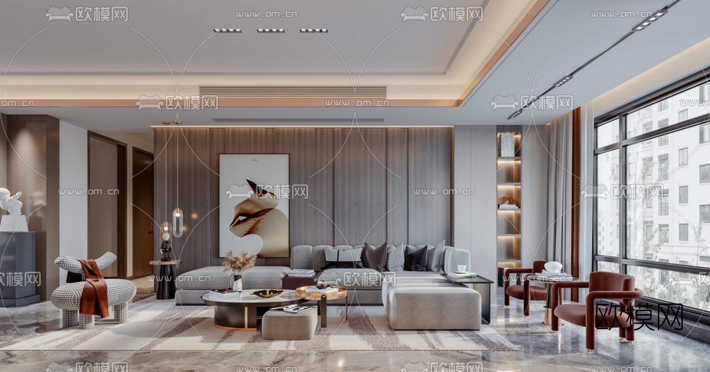 现代轻奢客厅餐厅3d模型下载（渲染图1）