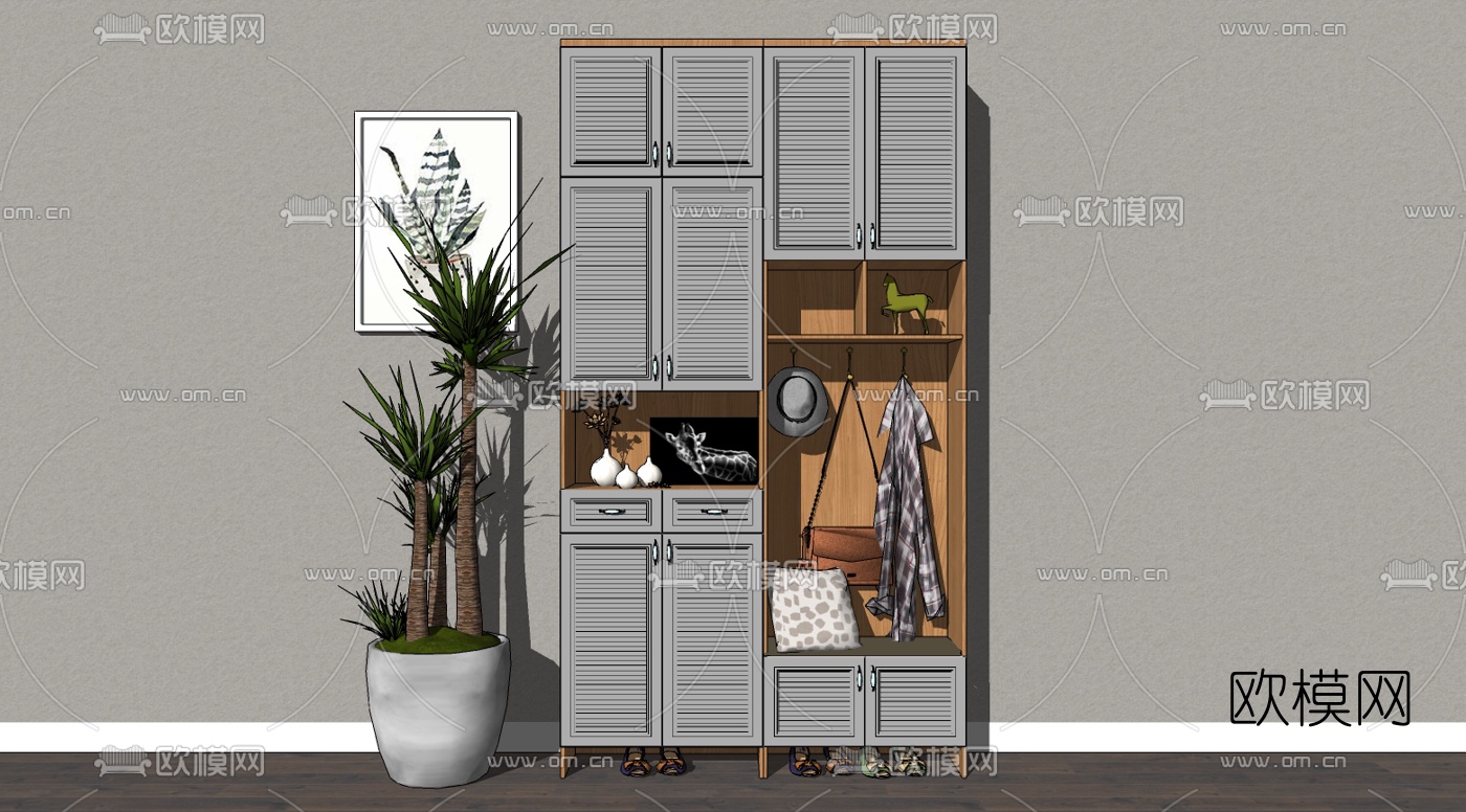 现代实木鞋柜su模型下载（渲染图2）