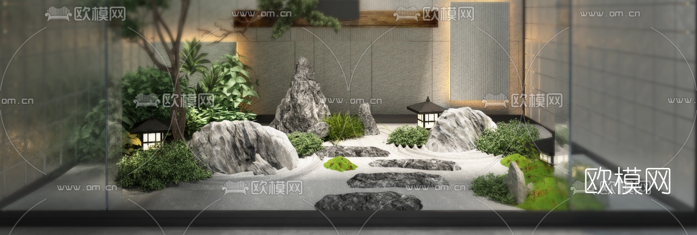 新中式绿植景观山石小品3d模型下载（渲染图4）