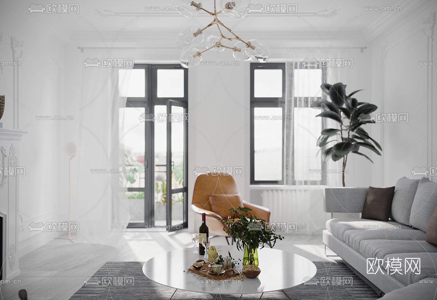 简欧弧形沙发组合3d模型下载（渲染图2）