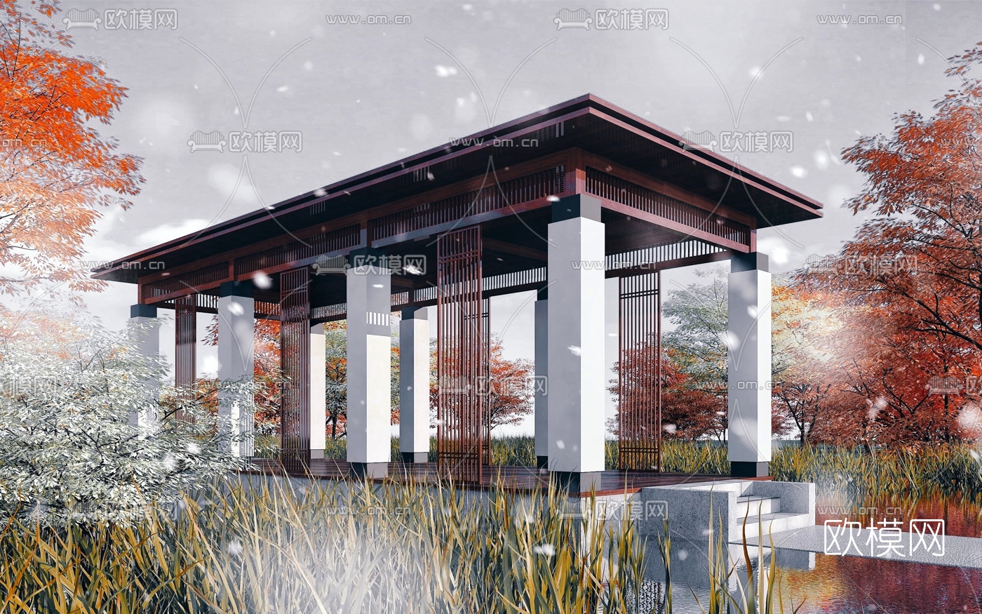 新中式长廊廊架景观小品3d模型下载