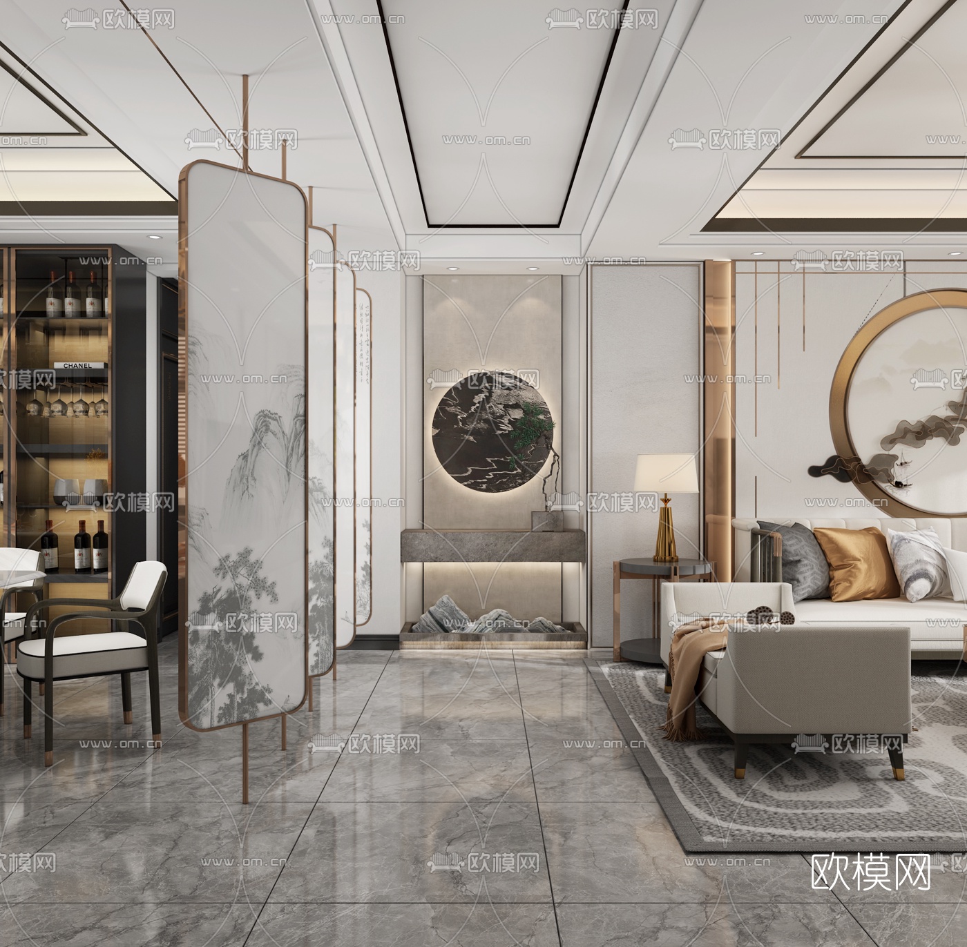 新中式轻奢客厅餐厅3d模型