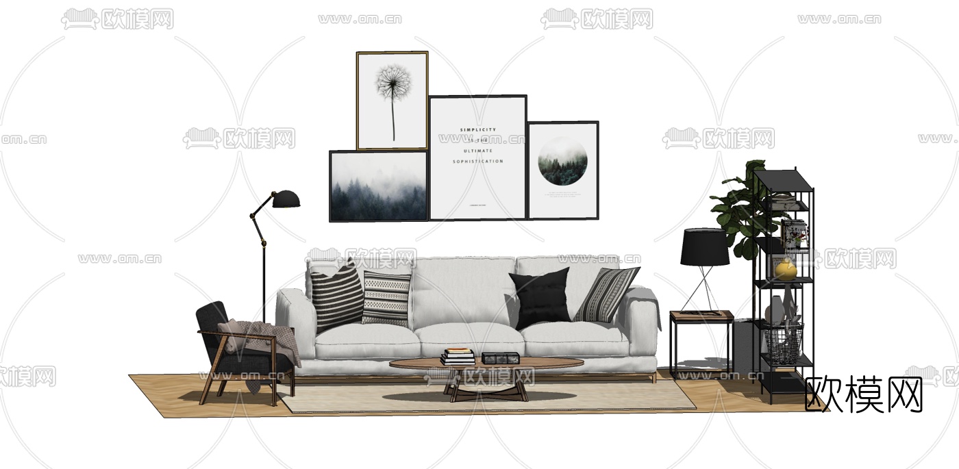北欧布艺组合沙发su模型下载（渲染图1）