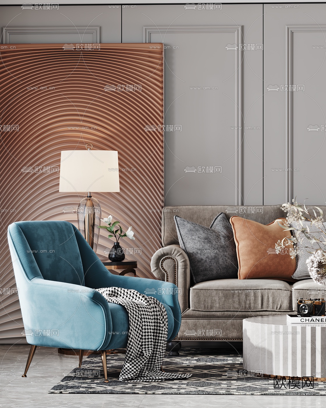 美式布艺转角沙发组合3d模型下载（渲染图3）