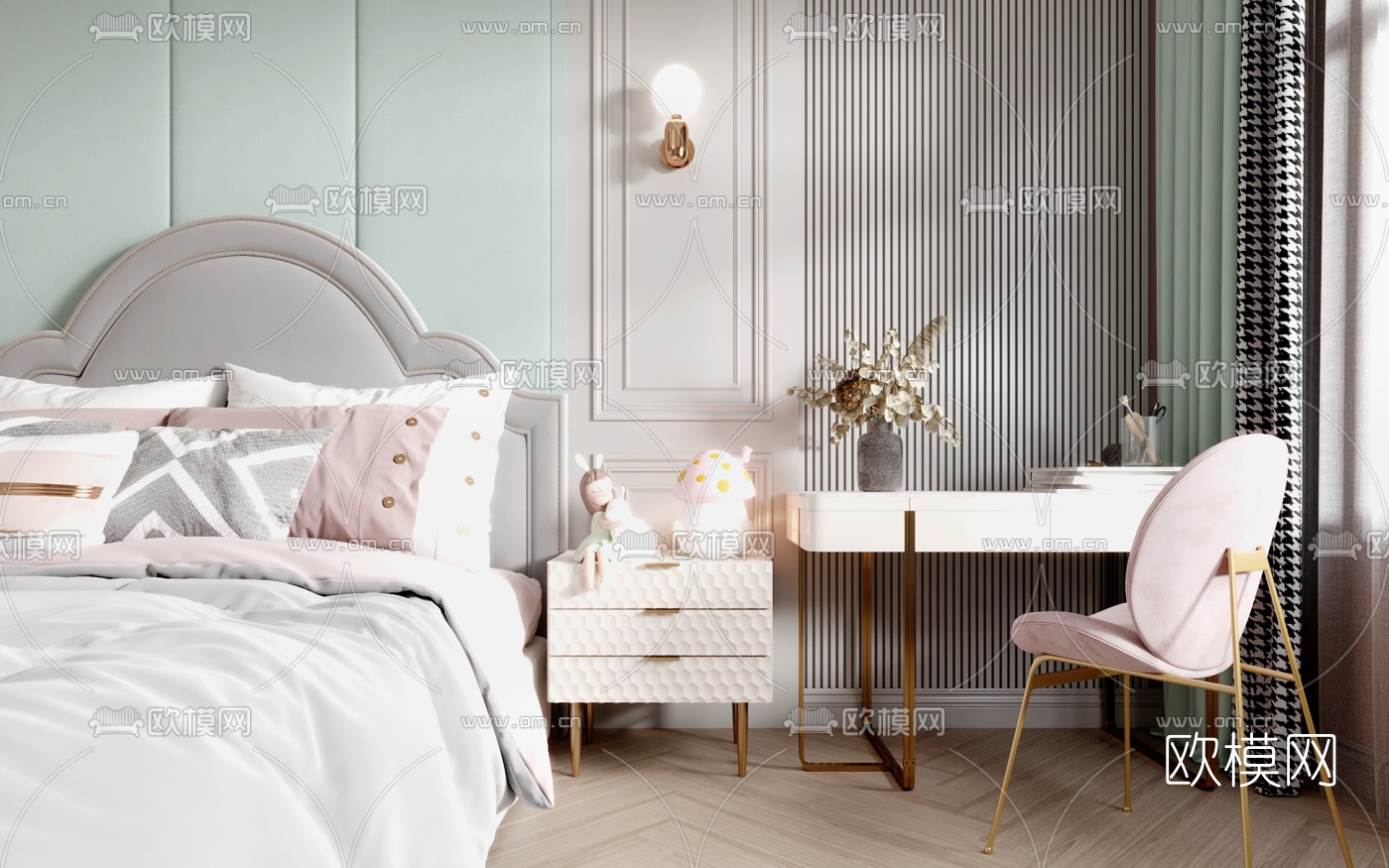 北欧卧室女孩房3d模型下载（渲染图2）