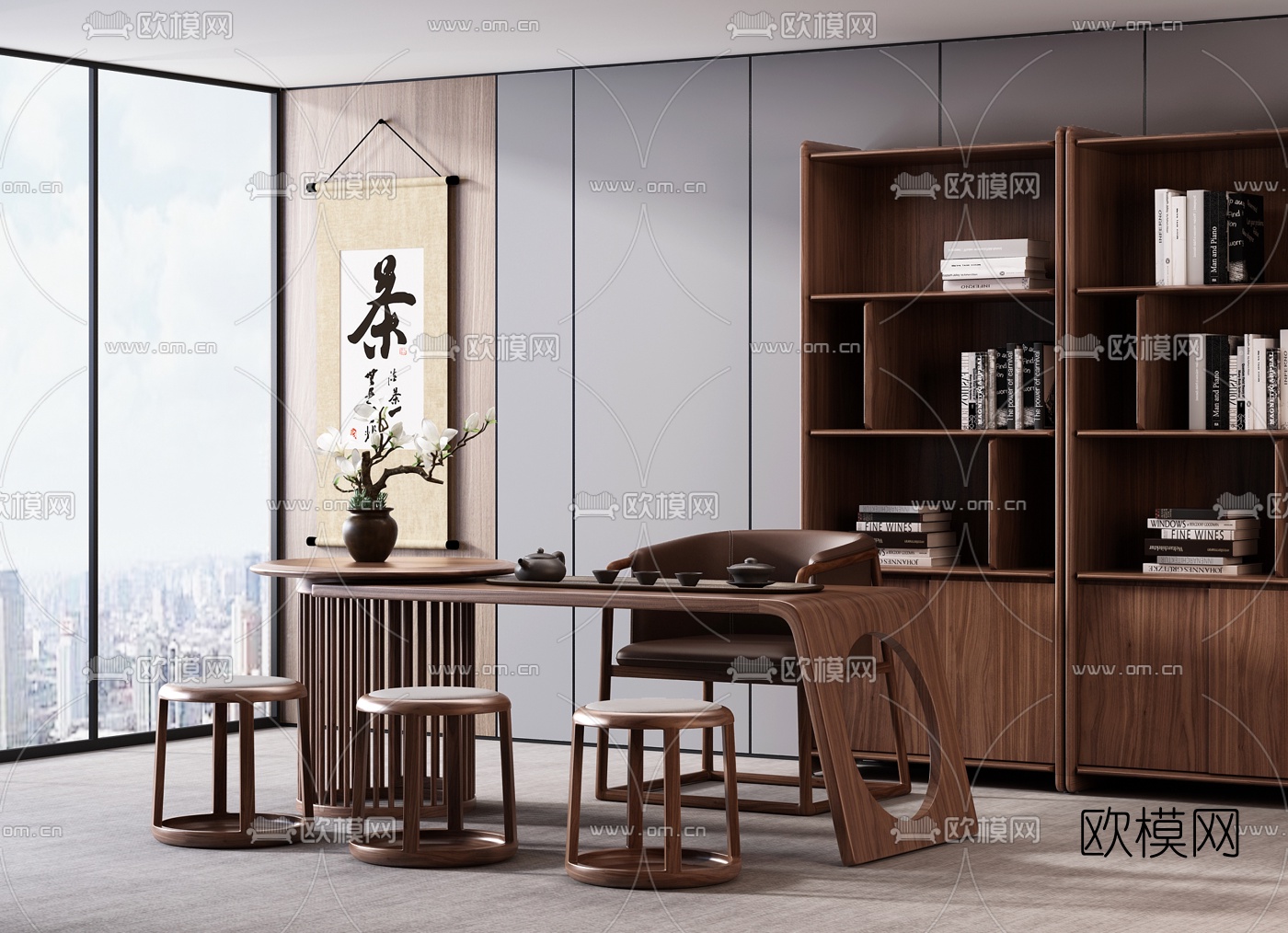 新中式实木茶桌椅3d模型
