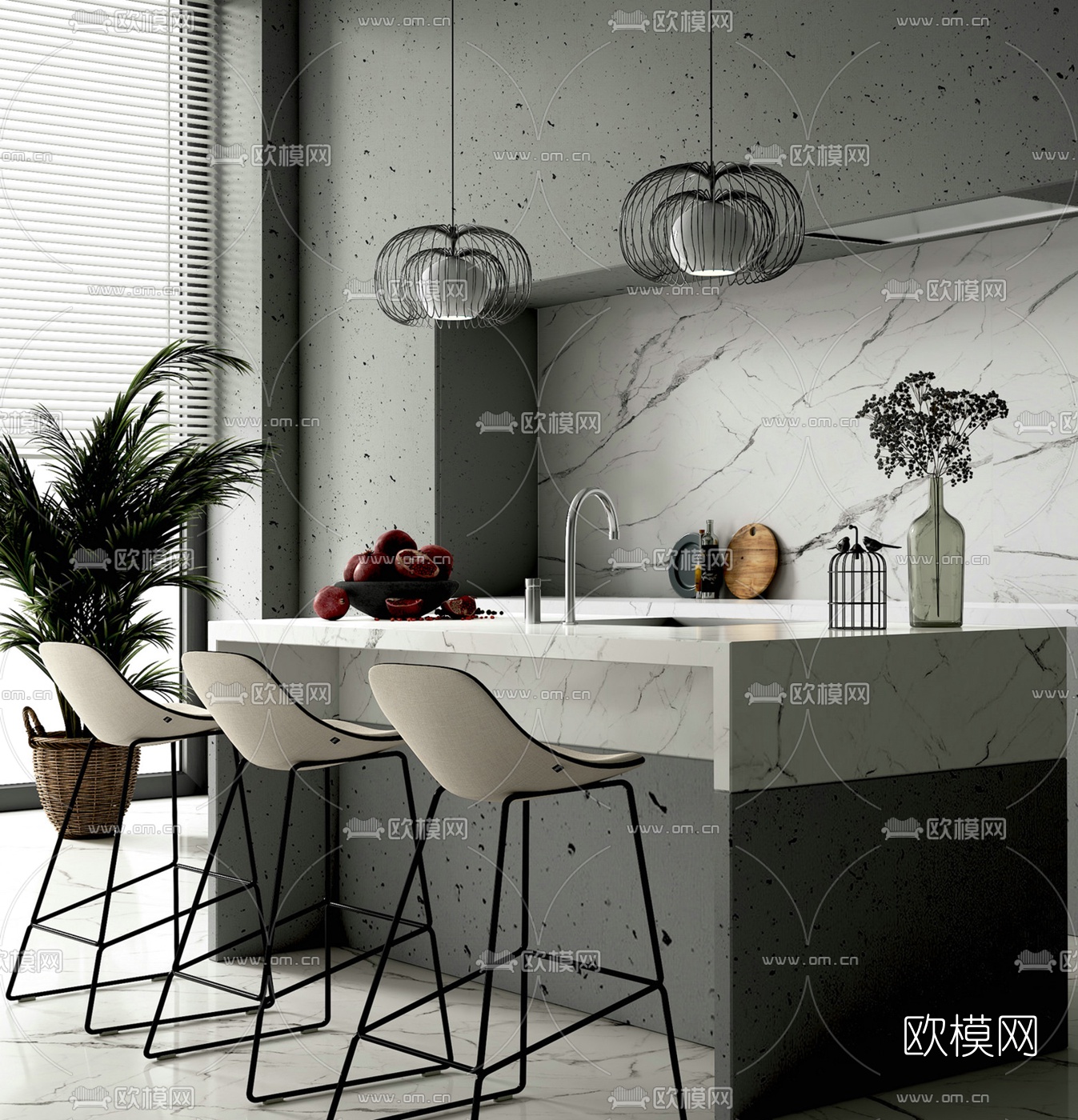 现代大理石中岛台吧台椅3d模型下载