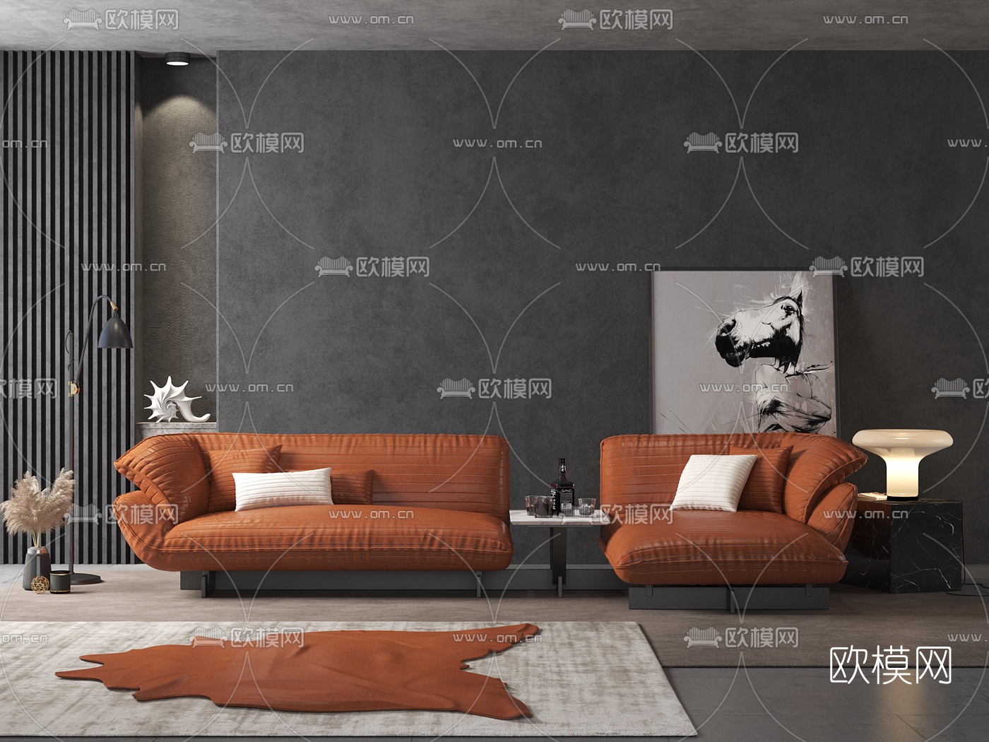 现代皮革转角多人沙发3d模型下载（渲染图1）