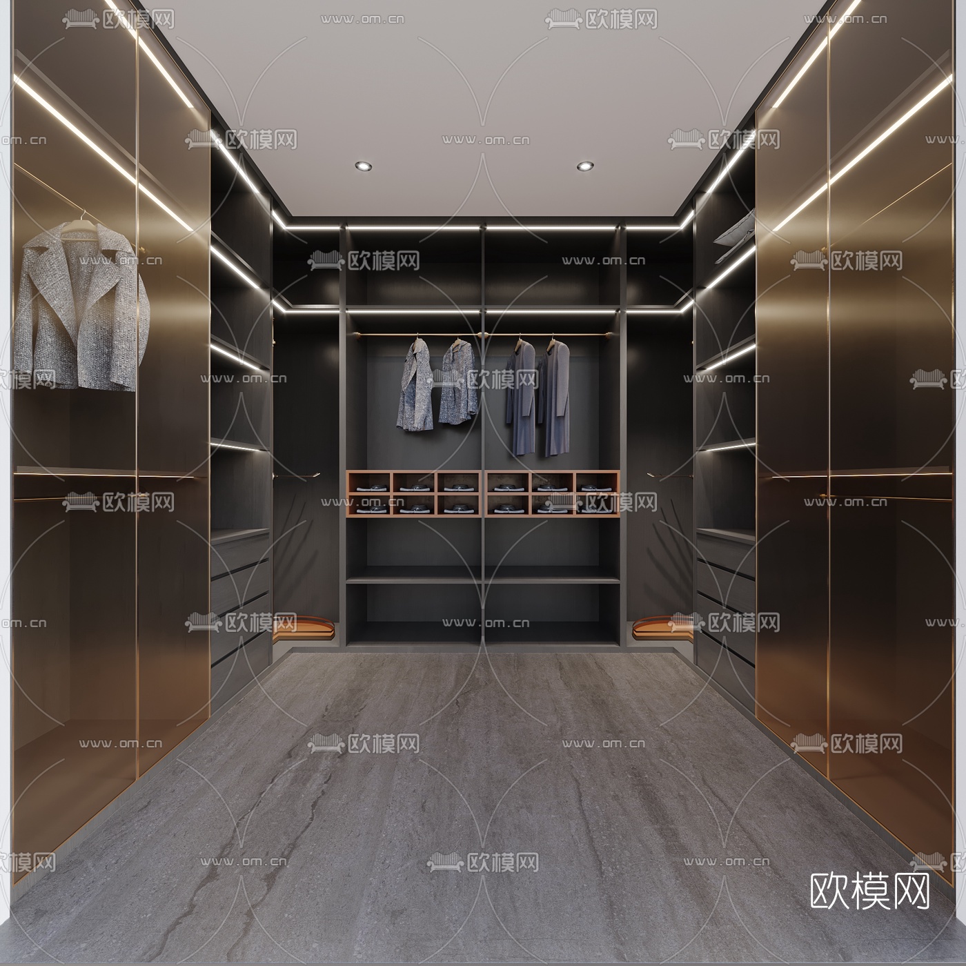 现代轻奢衣帽间3d模型下载（渲染图1）