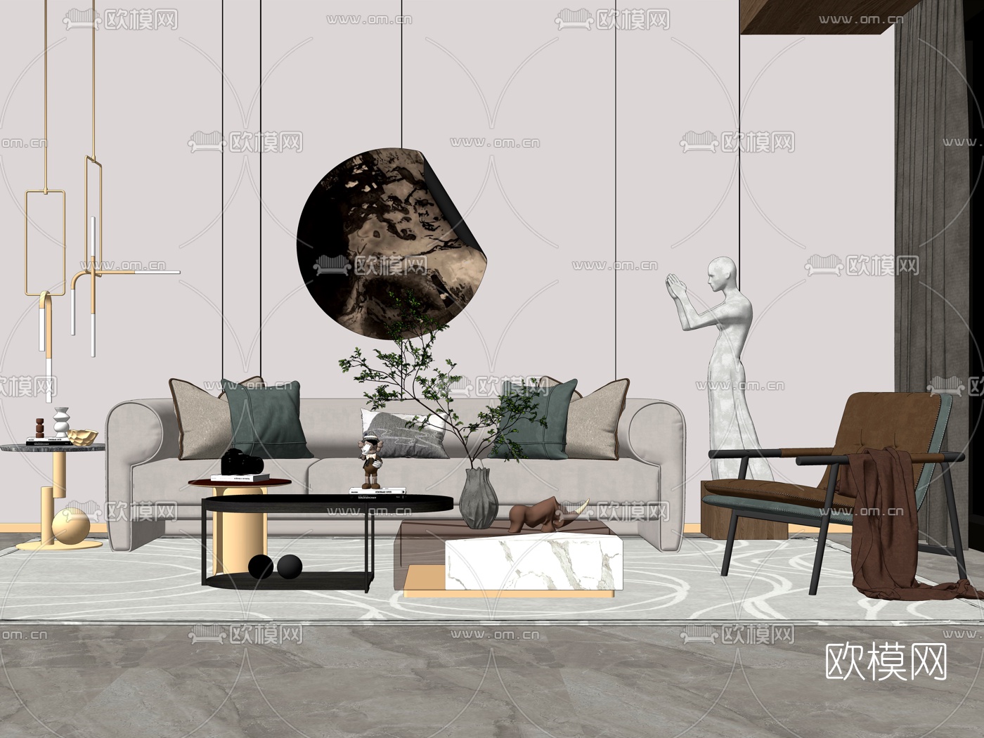 新中式布艺组合沙发su模型下载（渲染图2）