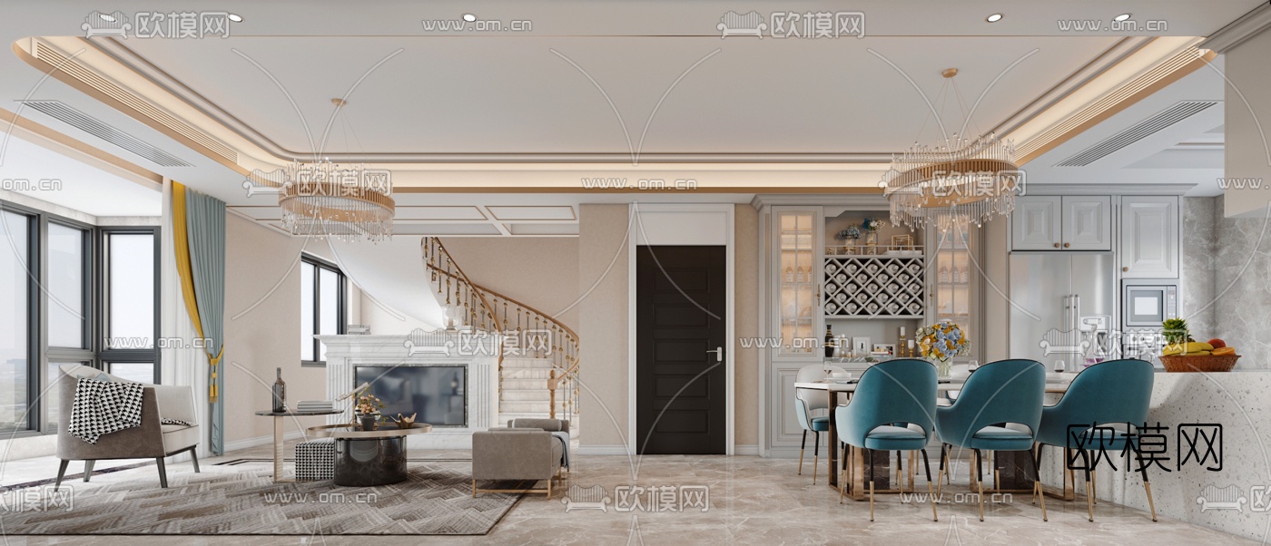 后现代客厅餐厅3d模型