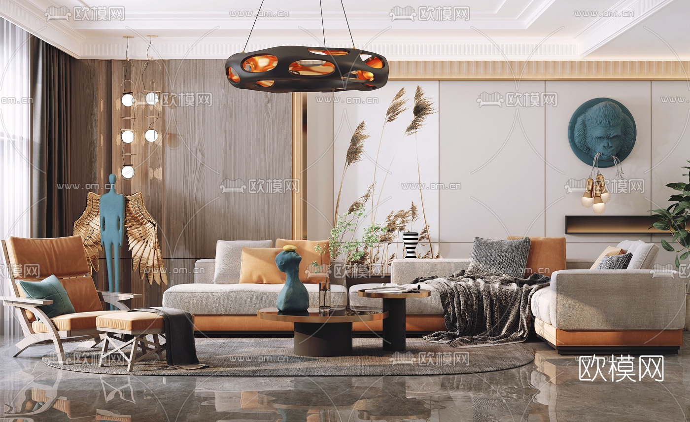 现代布艺转角沙发组合3d模型下载（渲染图1）