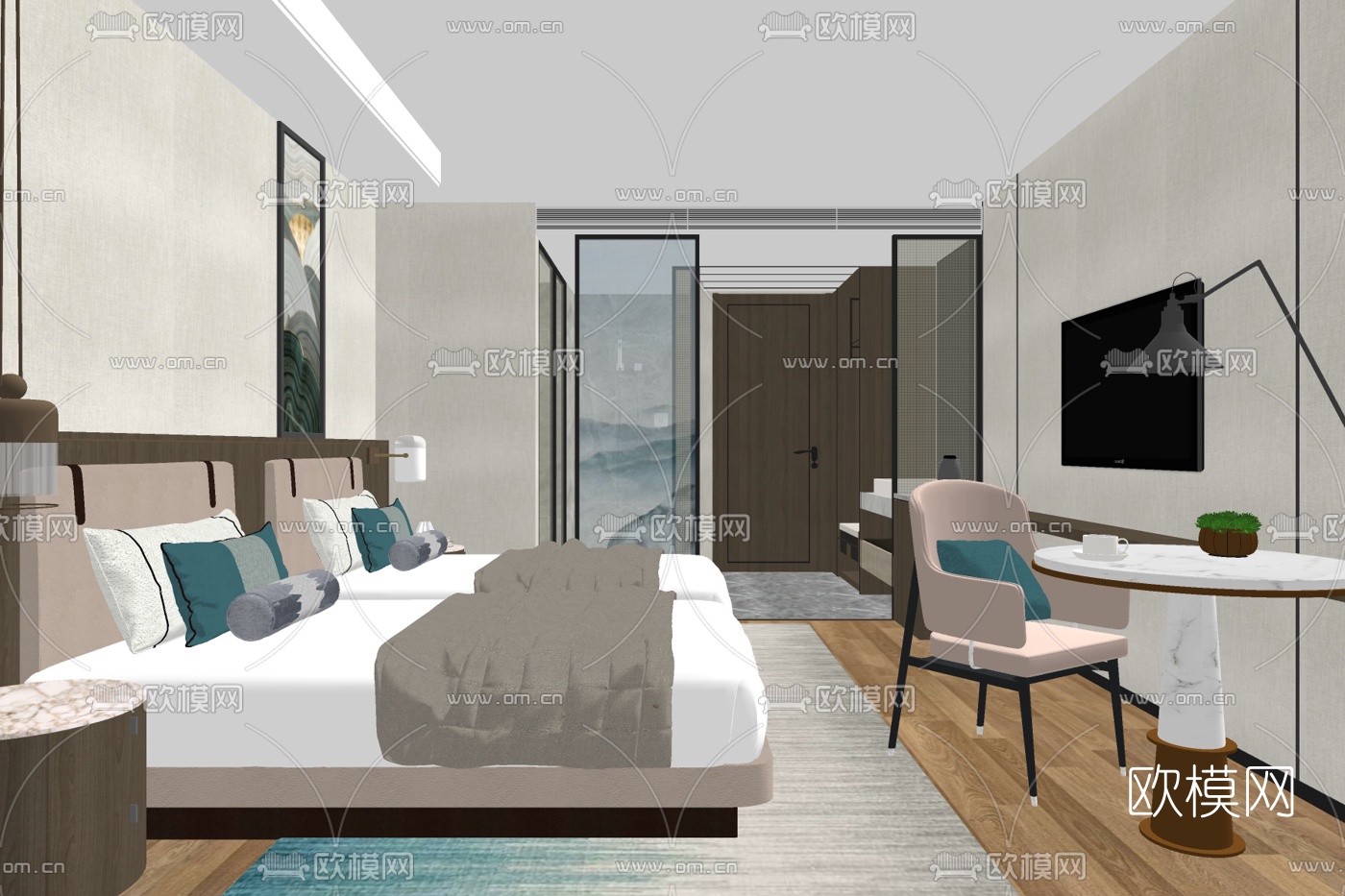 现代酒店标间客房su模型下载