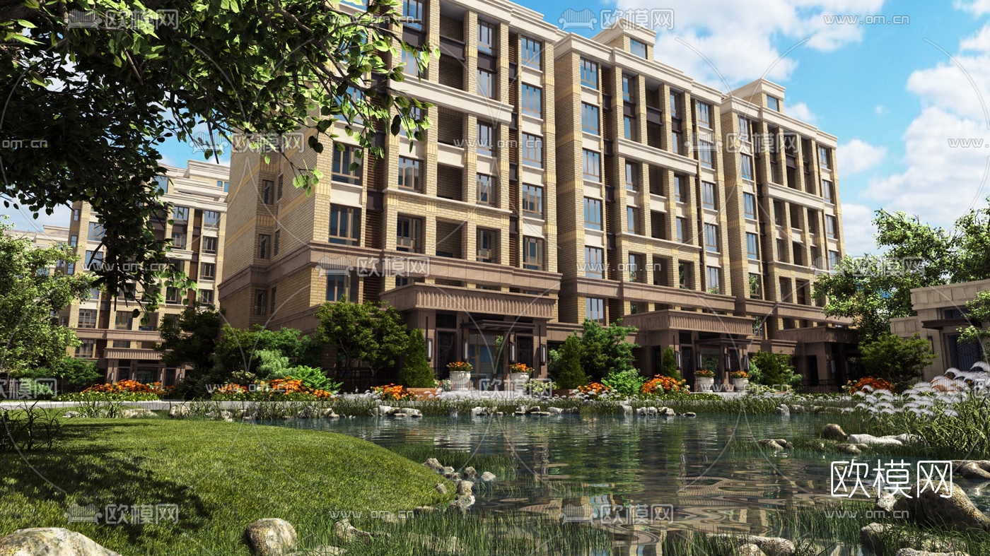 现代住宅小区园林景观3d模型下载