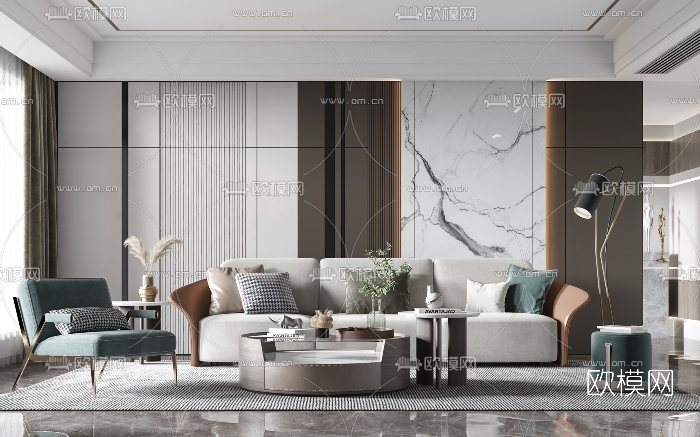 现代布艺沙发组合3d模型下载（渲染图1）