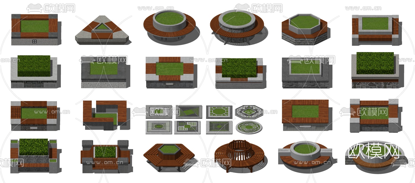 新中式户外树池花坛景观座椅su模型下载（渲染图1）