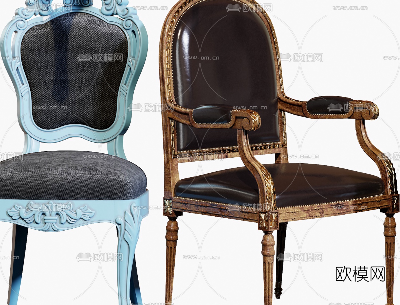 法式布艺皮革休闲椅3d模型下载（渲染图7）