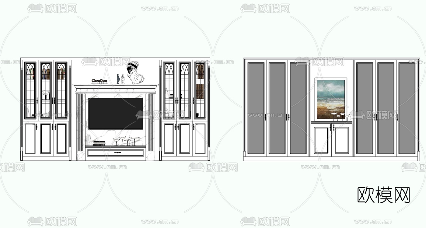 简欧实木电视柜su模型下载（渲染图1）
