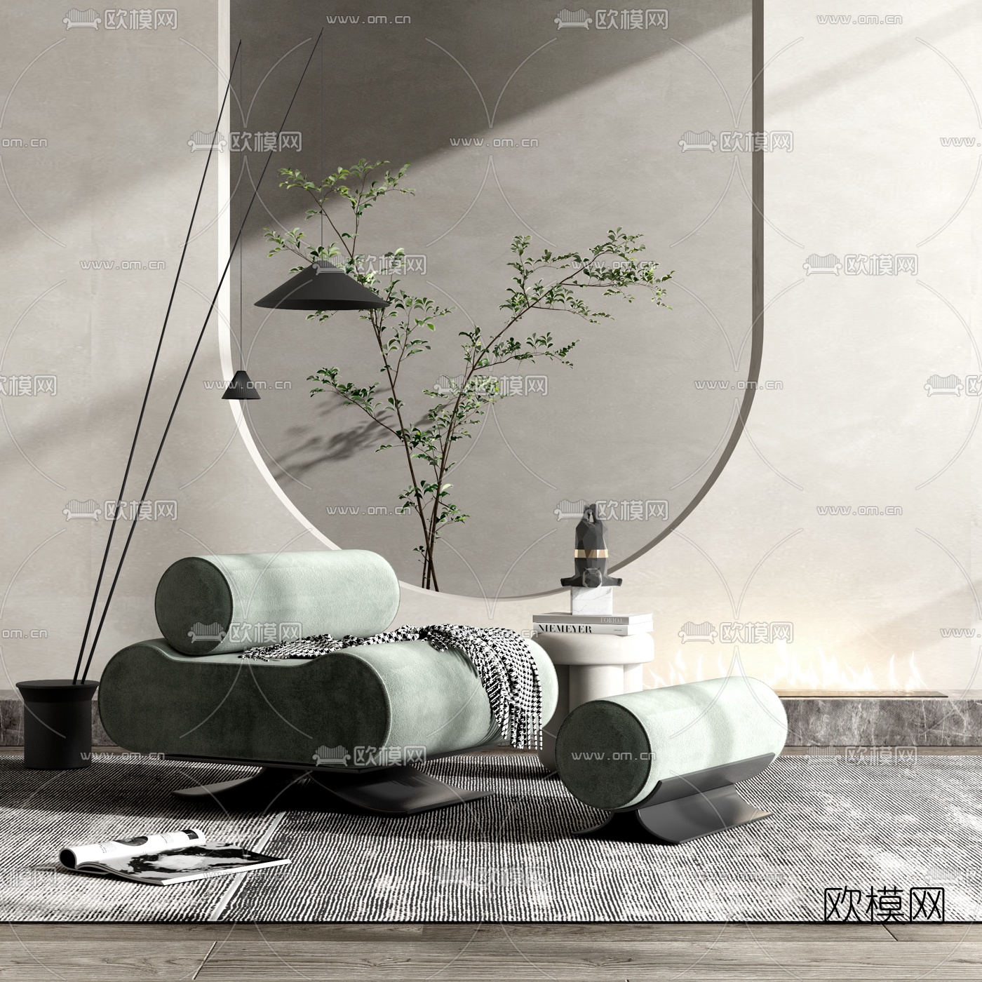 现代绒布单人沙发边几3d模型下载（渲染图1）