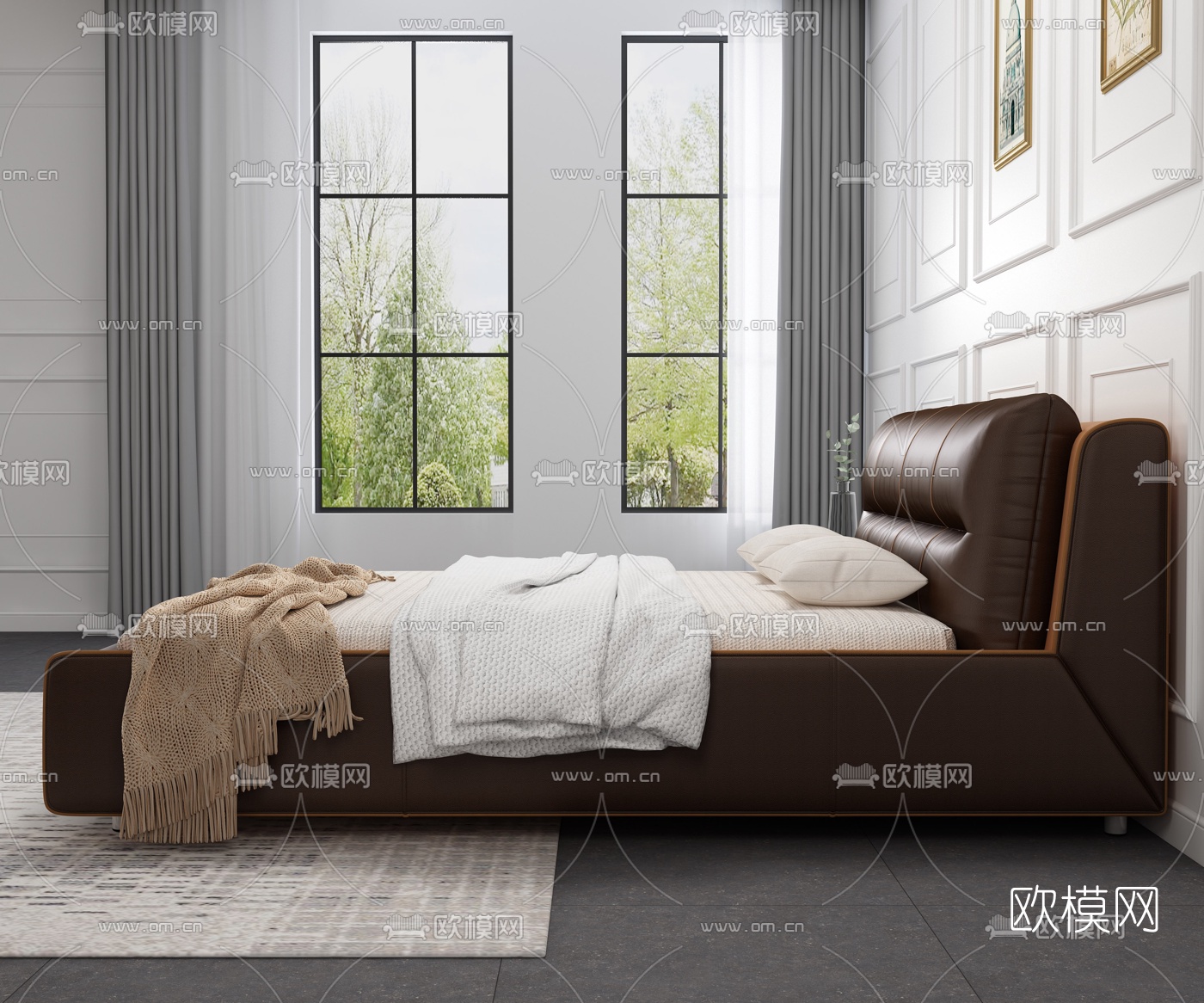 简欧皮质双人床3d模型下载（渲染图3）