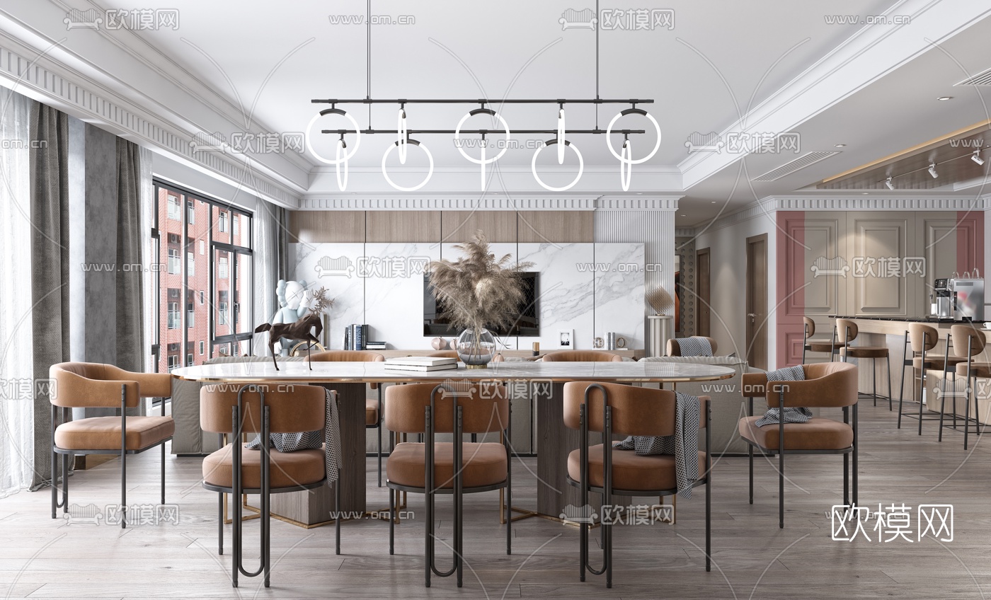 简欧轻奢客厅餐厅3d模型下载（渲染图3）