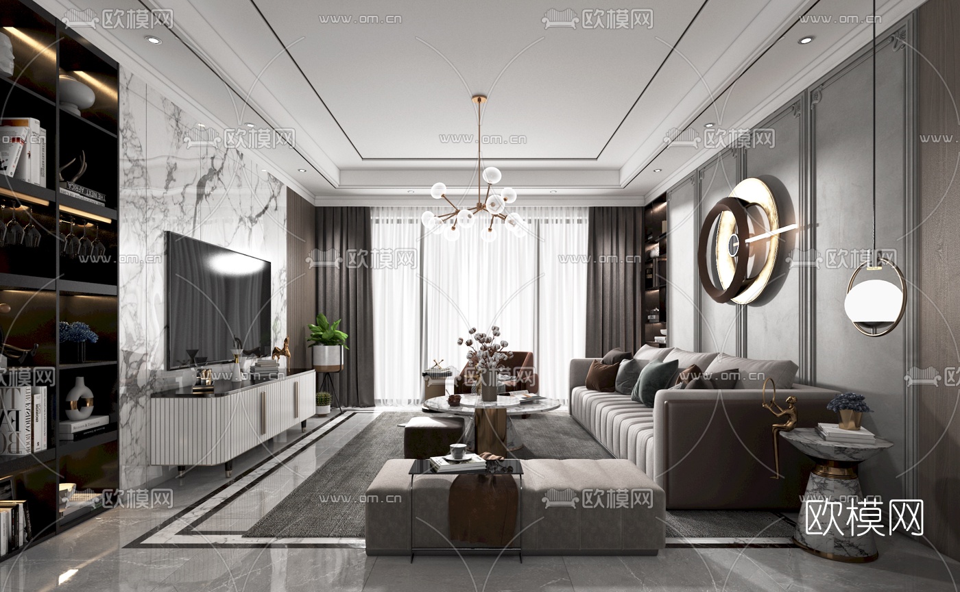 现代轻奢客厅餐厅3d模型下载（渲染图2）