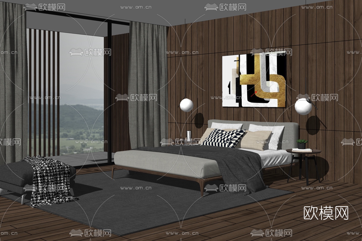 北欧布艺双人床免费su模型下载