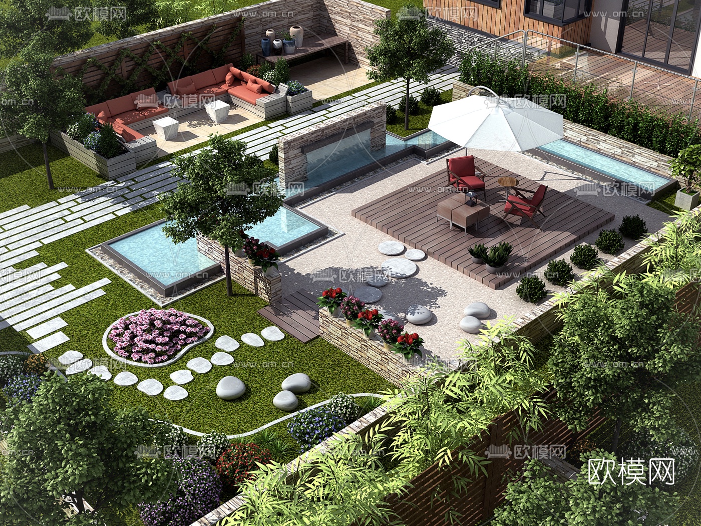 现代别墅庭院花园3d模型