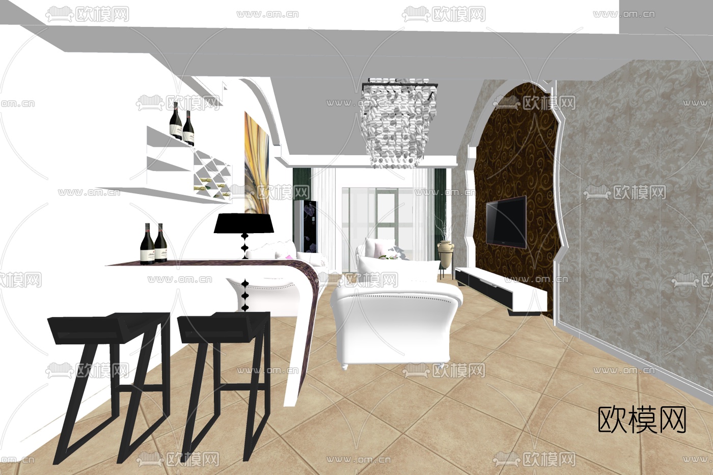 简欧公寓客厅su模型下载