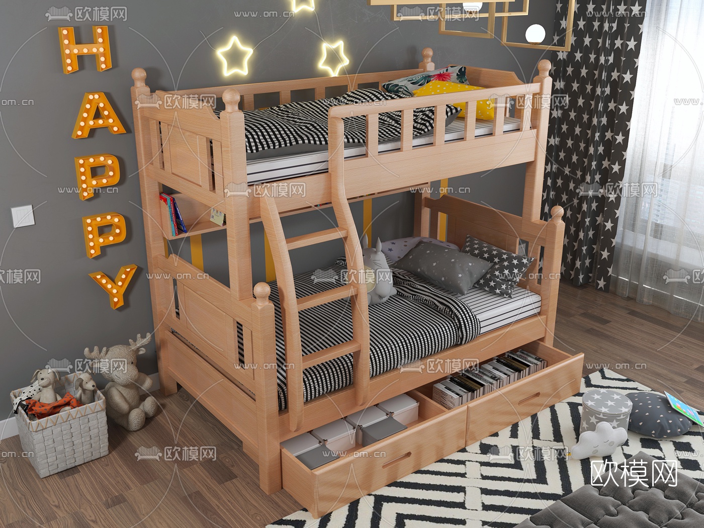 北欧儿童床上下铺床3d模型下载（渲染图2）