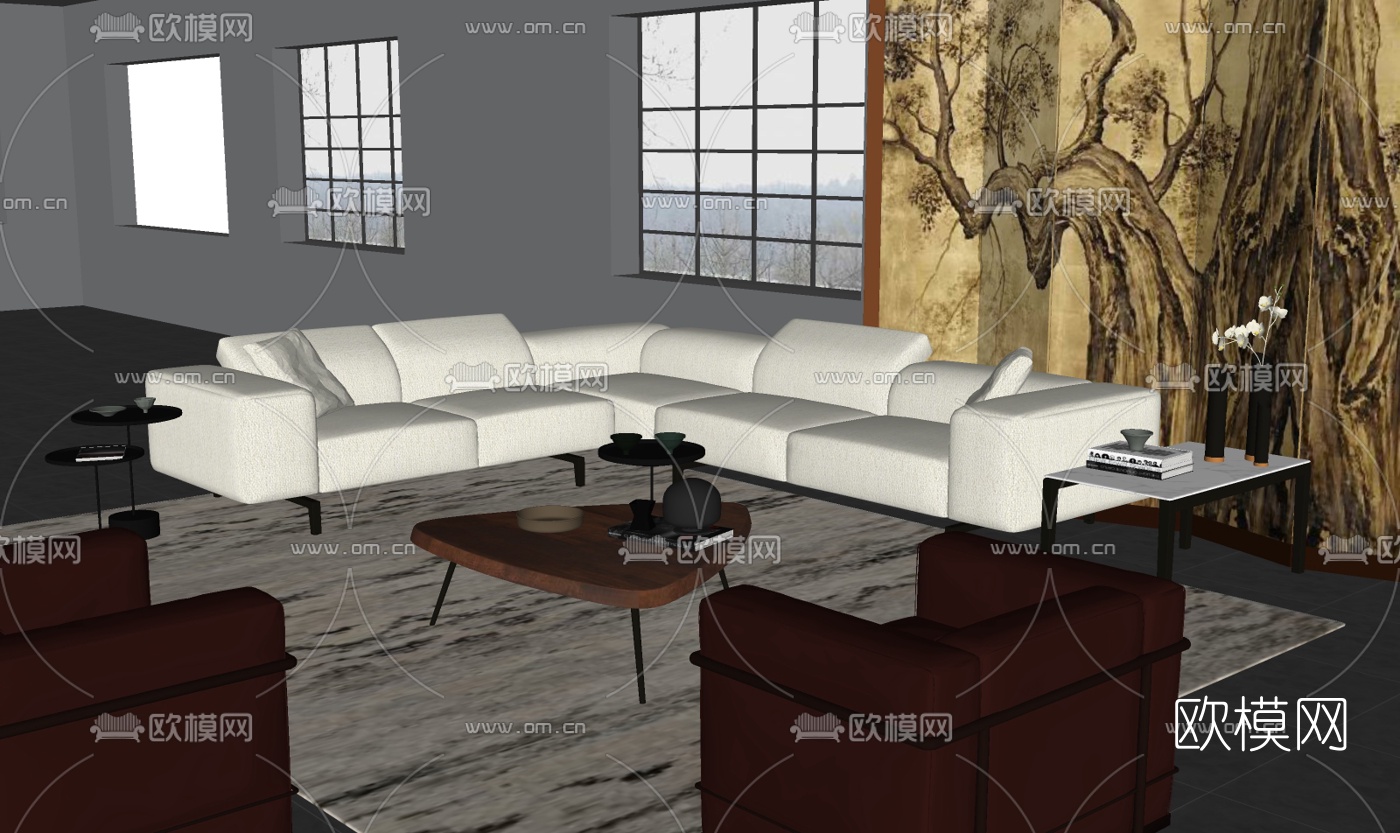 现代布艺多人沙发su模型下载